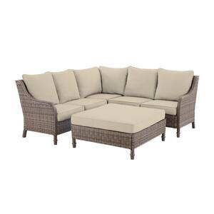 Windsor 4-Piece Brown Wicker Outdoor Patio Sectional Sofa with Ottoman and CushionGuard Biscuit Tan Cushions