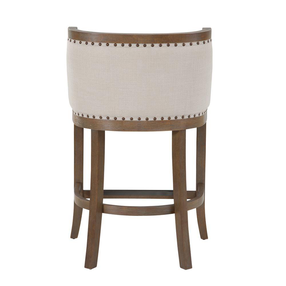 Warm Brown Birch Wood Adjustable Bar Stool with Light Beige Linen Seat