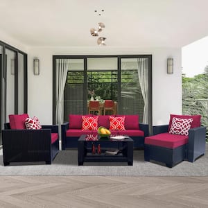 7-Piece Black Wicker Patio Conversation Set with Coffee Table and Red Cushion