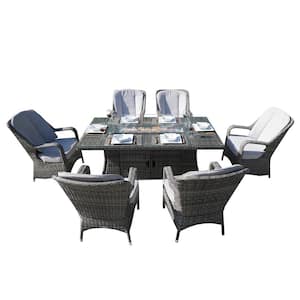 Jessica Gray 7-Piece Rectangular Wicker Fire Pit Dining Table Patio Conversational Set with Gray Cushions