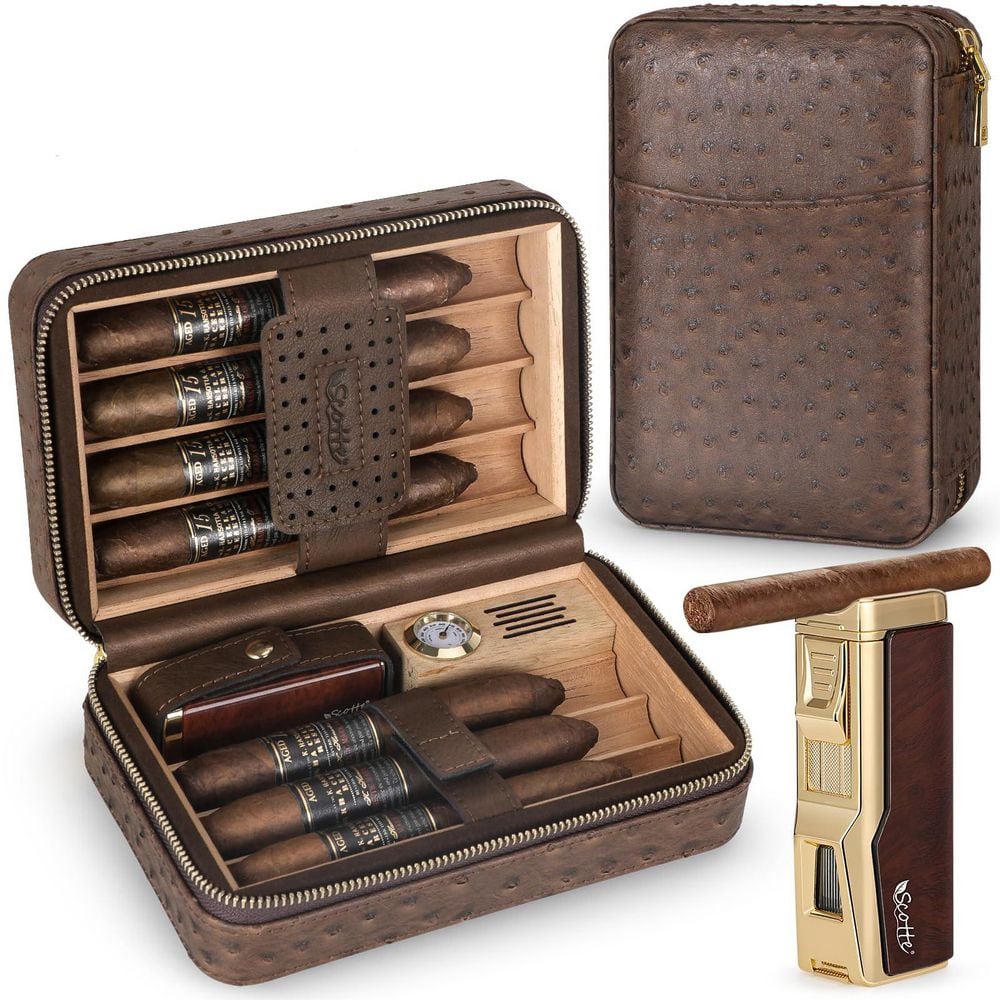 Brown Cigar Humidor Box, Cigar Lighter Cedar Wood Lined Leather Cigar Case Built in Hygrometer & Humidifier price history on PriceWatchPro