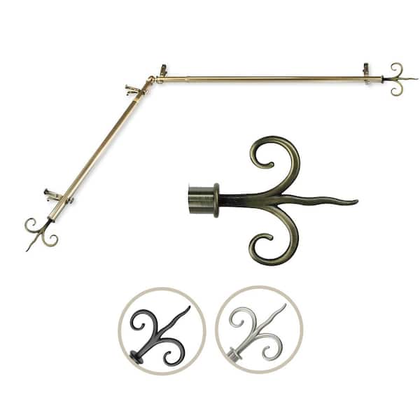 Rod Desyne 13/16" Dia Adjustable 66" to 120" Single Corner Window Curtain Rod in Antique Brass with Fleur Finials