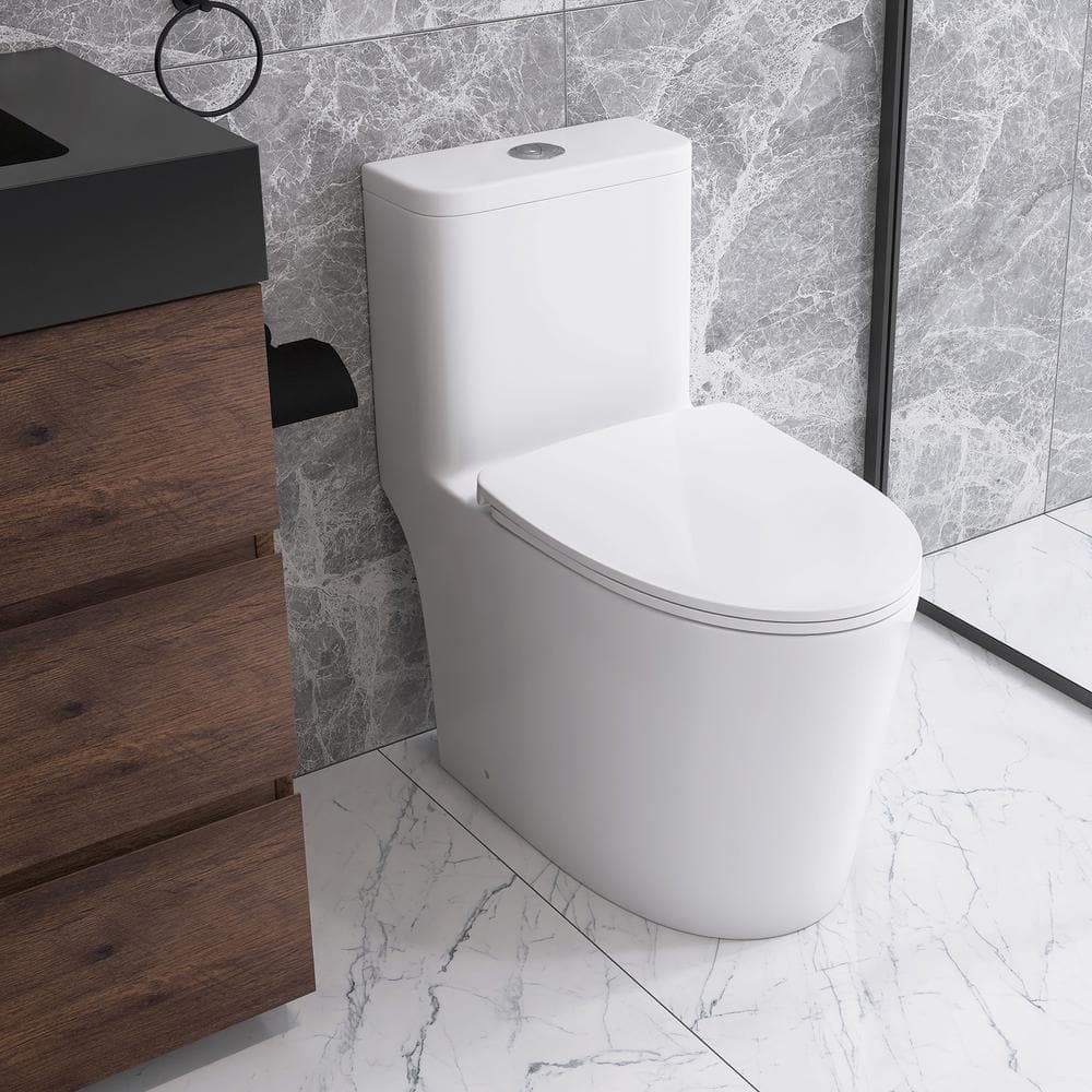 12 in. 1-Piece 1.28/1.6 GPF Dual Flush Elongated Toilet in White Seat Inclu