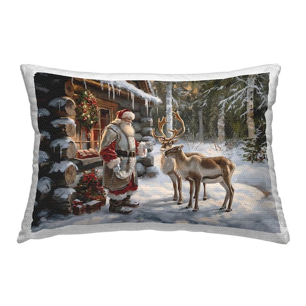 Stupell Industries Santa's Cabin with Reindeer Multi-Color Rectangular Outdoor Throw Pillow