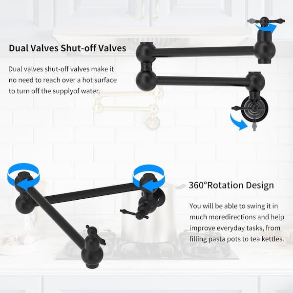 Vintage Design Wall Mount Pot Filler Faucet with Two Handle Kitchen Faucet in Matte Black