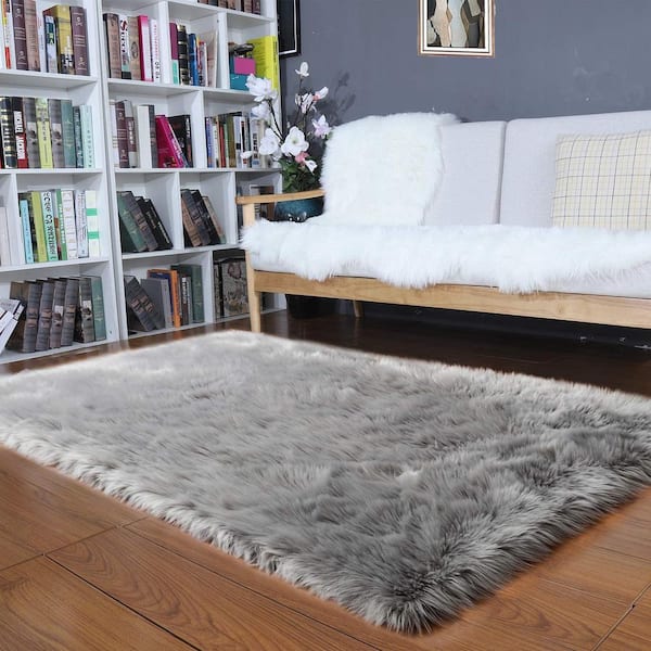 Sheepskin Faux Furry Grey 3 ft. x 5 ft. Cozy Rugs Area Rug