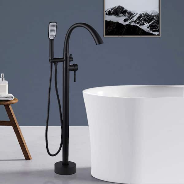 Single-Handle Floor Mount Freestanding Tub Faucet Bathtub Filler with Hand Shower in Matt Black
