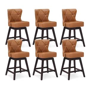 Zola 26 in. Whiskey Brown Wood Frame Counter Bar Stool Faux Leather Upholstered Swivel Bar Stool Set of 6
