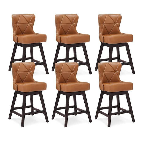 OrangeOne Zola 26 in. Whiskey Brown Wood Frame Counter Bar Stool Faux Leather Upholstered Swivel Bar Stool Set of 6