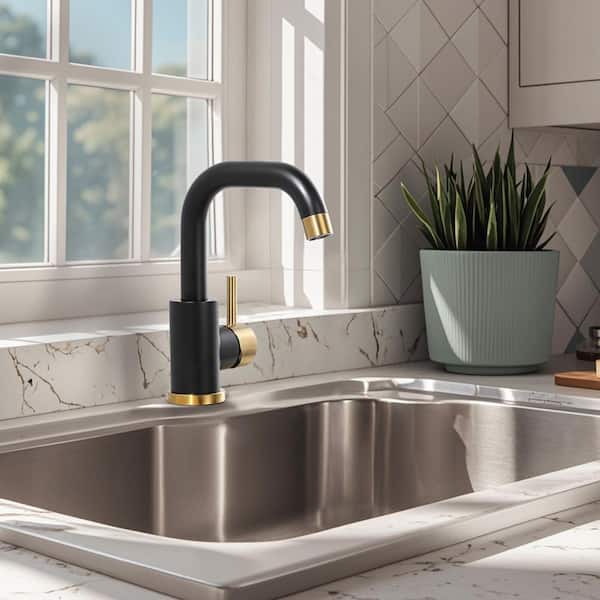 Modern Single Handle Stainless Steel Bar Faucet with Deck Plate and Supply Lines in Gold and Black