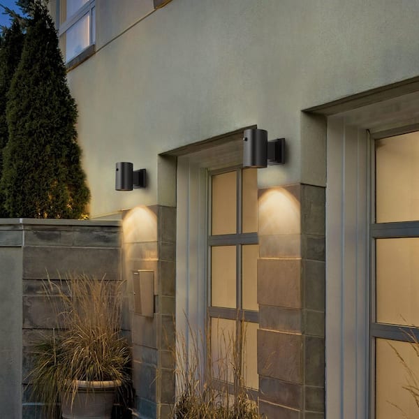 6.5 in. Black Aluminum Dusk to Dawn Cylinder Outdoor Hardwired Wall Lantern Sconce with No Bulbs Included (2-Pack)