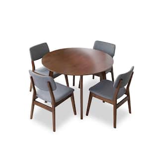 Cadence 5-Piece Mid-Century Round Walnut Top 47 in. Kitchen Table Set with 4 Fabric Kitchen Chairs in Gray