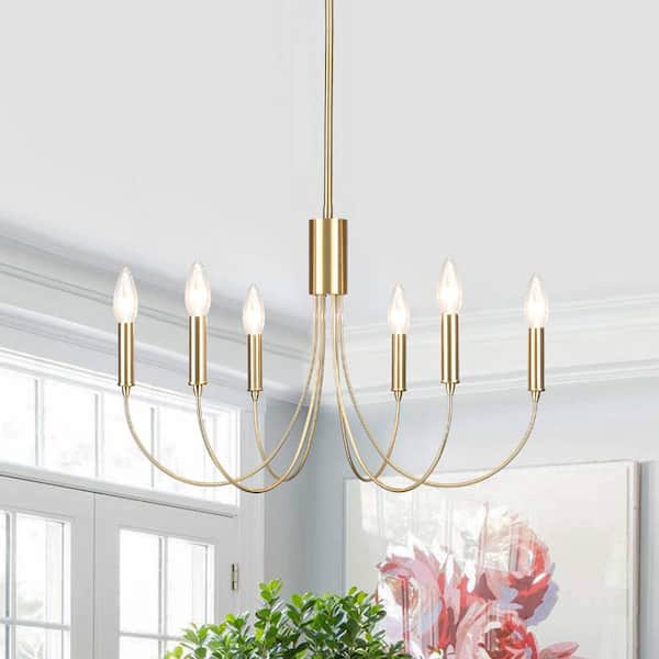 LWYTJO Hook 6-Light Brass Classic Candle Style Chandelier for KitchenIsland Dining Room Living Room Foyer