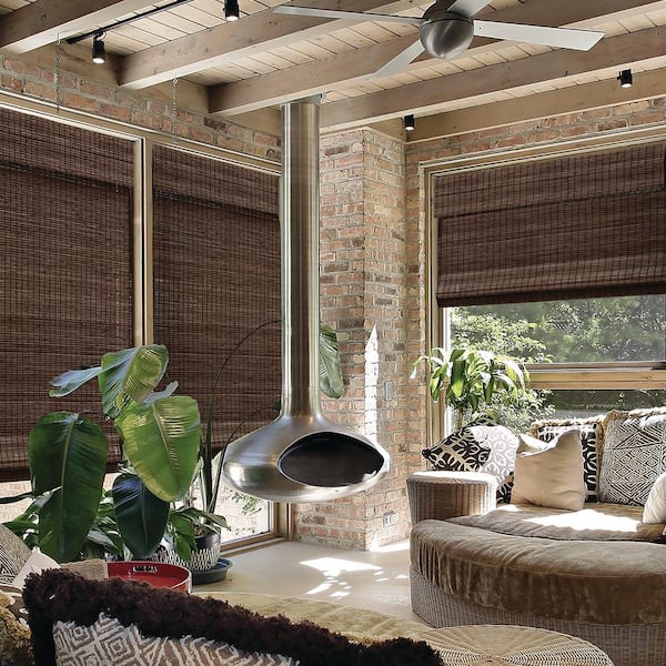 Radiance Farmhouse Cut-to-Size Espresso Cordless Semi-Private Flat Bamboo Roman Shade Window Blind - 34.5 in. W x 48 in. L