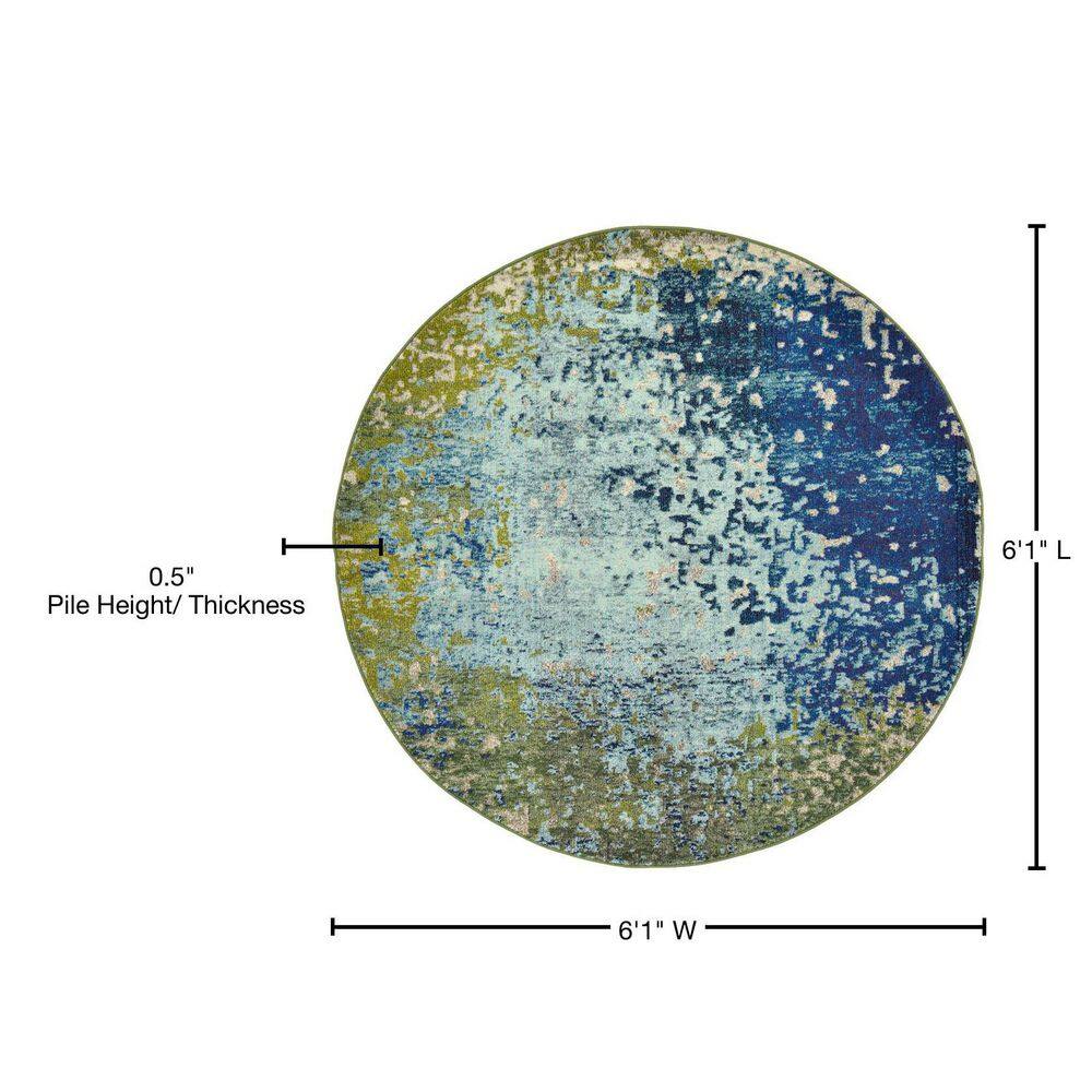 Round Blue Synthetic Easy Care Stain-Resistant Rug 6' x 6'