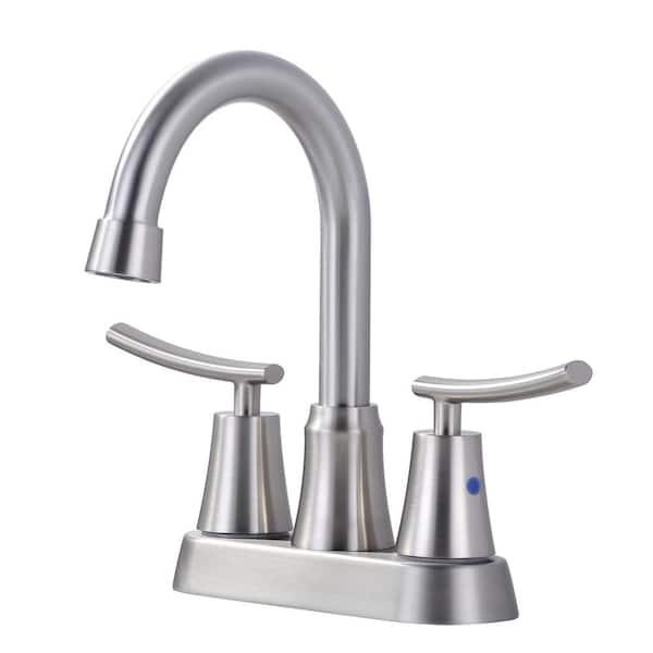 ALEASHA 4 in. Centerset Double Handle High Arc Bathroom Faucet with Drain Kit Included in Brushed Nickel
