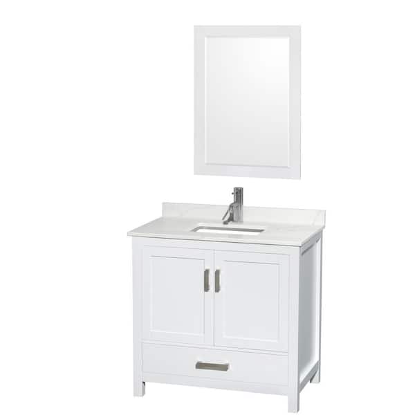 Wyndham Collection Sheffield 36 in. W x 22 in. D x 35 in. H Single Bath Vanity in White with Giotto Quartz Top and 24 in. Mirror