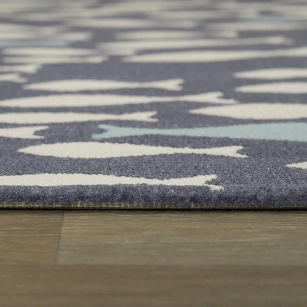 Navy and Cream Fish Pattern Rectangular Synthetic Kids Rug