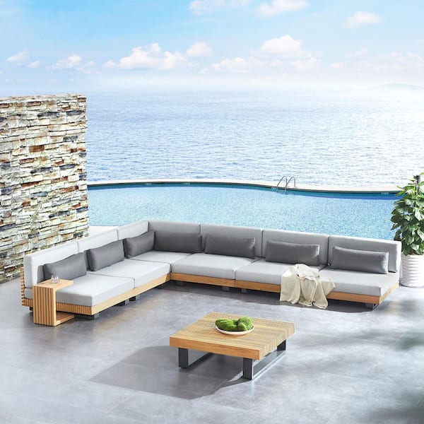 8-Piece Teak Sectional Seating Group with Cushions, Patio Furniture Sets, with Grey Cushions