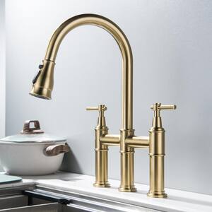 Double Handles Pull Down Sprayer Kitchen Faucet Bridge Faucet in Brushed Gold