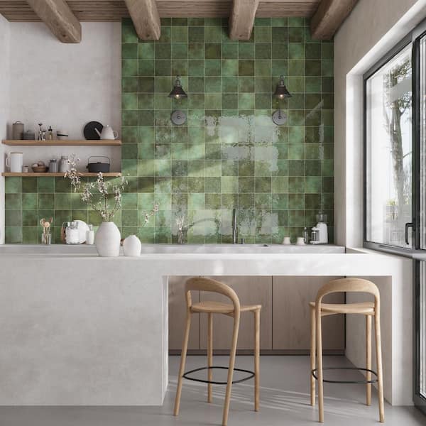 Zahara 6 in. x 6 in. Glossy Moss Green Porcelain Zellige Square Tile (5.38 sq ft/case)-22 Pack