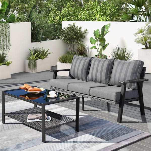 XIZZI Xavier Gray 2-Piece Wicker Outdoor Patio Conversation 3-Seat Sofa with Gray Cushion and Table