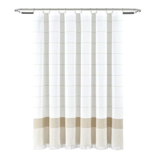 72 in. x 72 in. Taupe Stripe Yarn Dyed Tassel Fringe Woven Cotton Shower Curtain