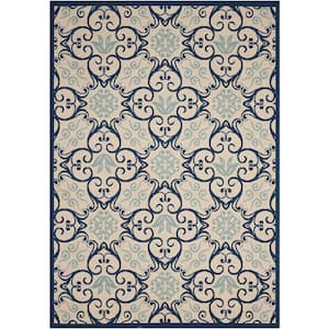 Caribbean Ivory/Navy 5 ft. x 7 ft. Floral Modern Indoor/Outdoor Patio Area Rug