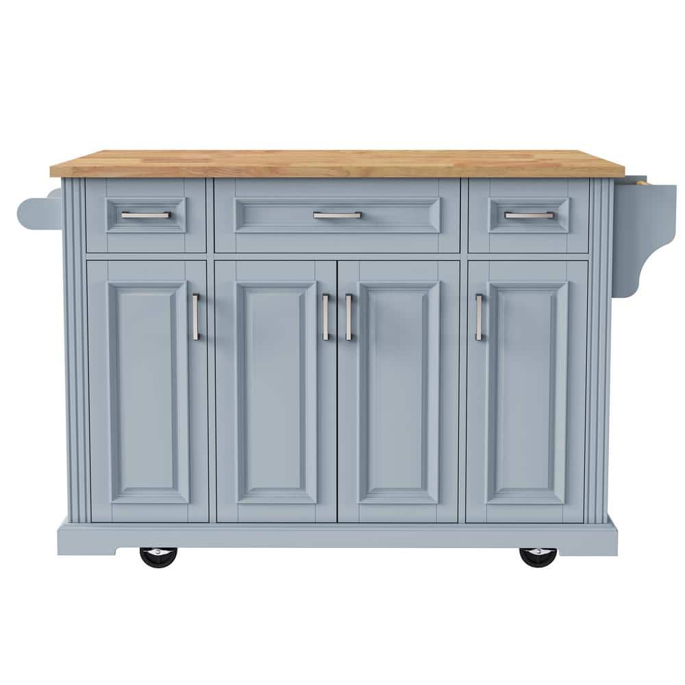 54 in. Kitchen Island with Rubber Wood Drop Leaf on 4 Wheels with 4 Doors in Gray Blue