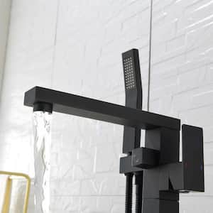 Single-Handle Freestanding Tub Faucet Floor Mount Tub Filler with Hand Shower and Swivel Spout in Matte Black