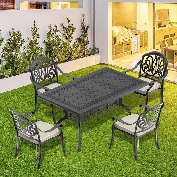Willit Elizabeth 5-Piece Cast Aluminum Outdoor Dining Set with 59.05 in. x 35.43 in. Rectangular Table and Random Color Cushion