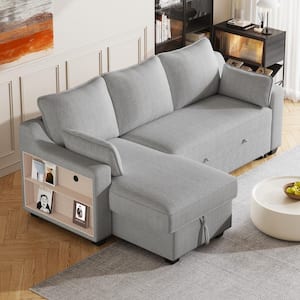 L-Shaped 90 in. Light Gray Convertible Sleeper Sofa Bed with Storage Chaise Lounge, Storage Racks, USB Ports