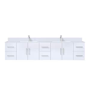 Geneva 84 in. W x 22 in. D Glossy White Double Bath Vanity, White Quartz Top, and Faucet Set