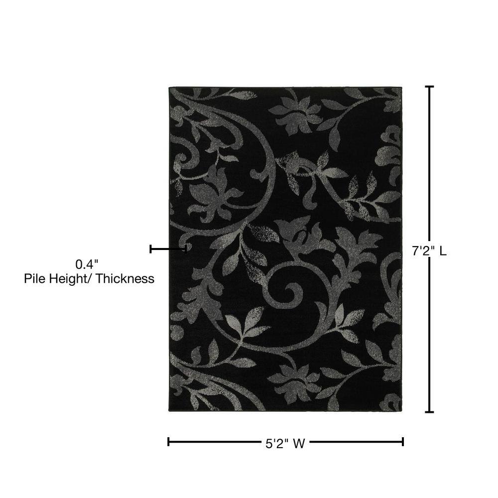 Grace Black and Gray Floral Synthetic Indoor Area Rug
