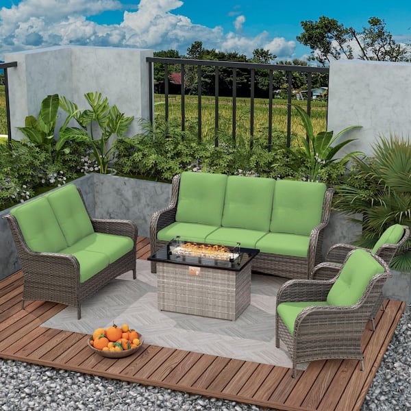MeetLeisure 5-Piece Wicker Outdoor Patio Conversation Set with Green Cushions and Rectangular Fire Pit Table