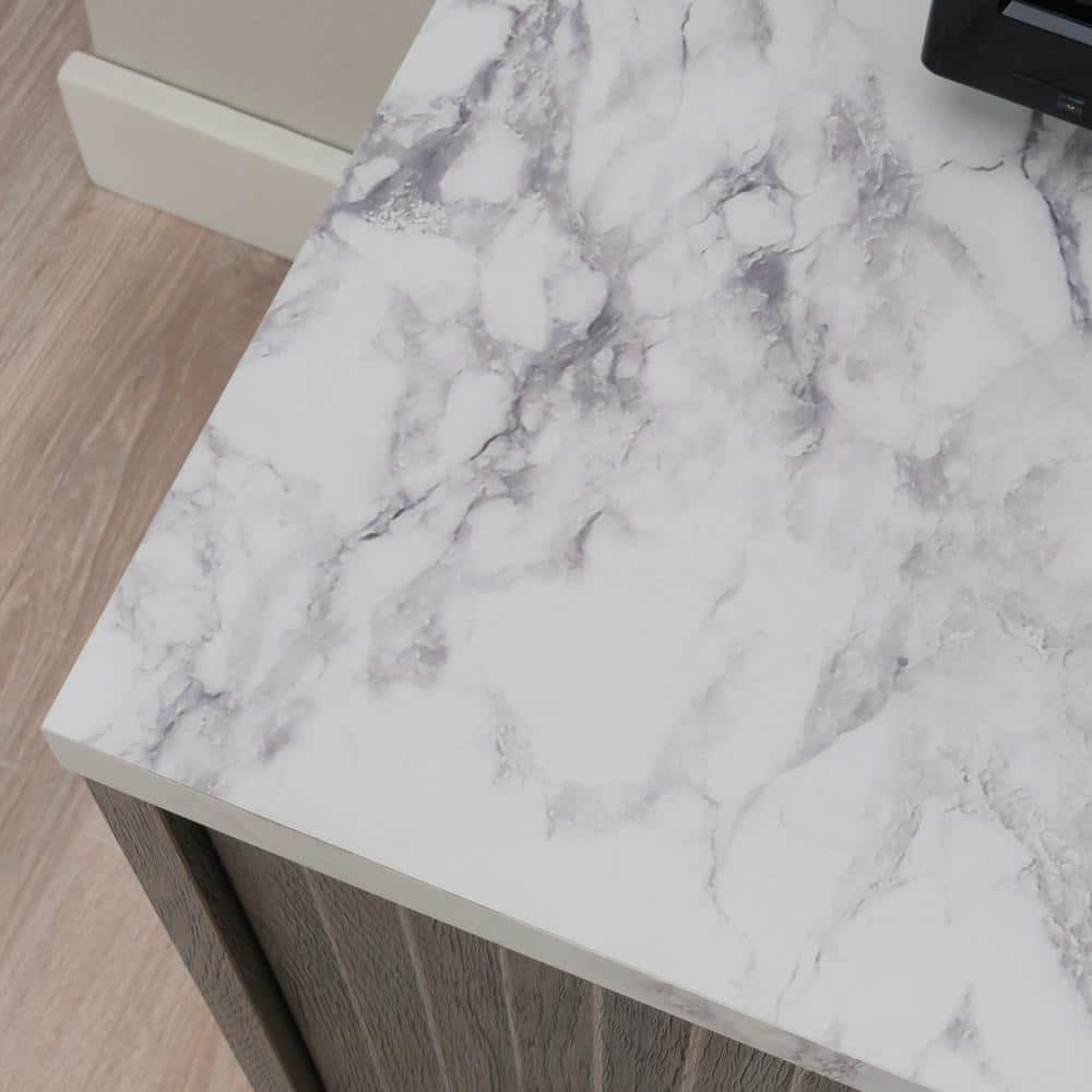 Ashen Oak and Faux White Marble Media Console with Cabinet