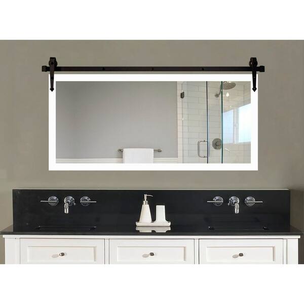 (53 in. W x 30 in. H) Satin White Accent Mirror with Steel Barn Door Rail