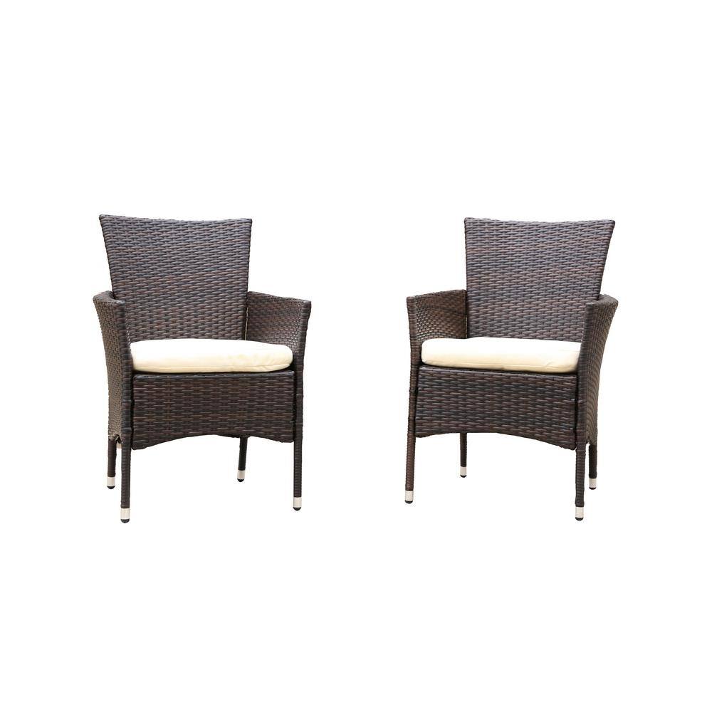 Removable Cushion 2 Black Wicker Outdoor Lounge Chairs with Beige Cushion