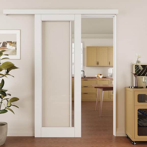 30 in. x 80 in. Hidden Track Style 1-Lite Clear Glass White Primed MDF Sliding Barn Door with Hardware Kit