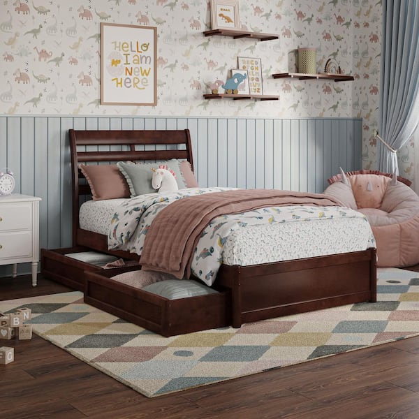 Emelie Walnut Brown Solid Wood Frame Twin Platform Bed with Panel Footboard and Storage Drawers