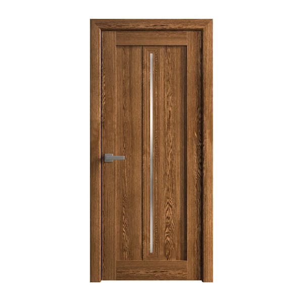 32 in. x 80 in. Frosted Glass Marble Oak Solid Wood Swing Door With Hardware