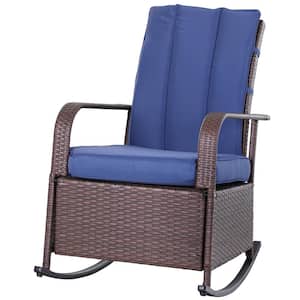Brown Metal Plastic Wicker Outdoor Rocking Chair with Navy Blue Cushion