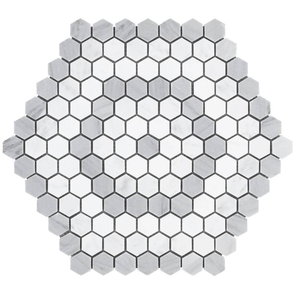 Gray and White Polished Marble Hexagon Mosaic Tile Sheet