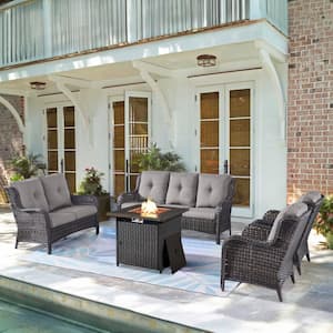 5-Piece Brown Wicker Outdoor Patio Fire Pit Seating Set with CushionGuard Gray Cushions
