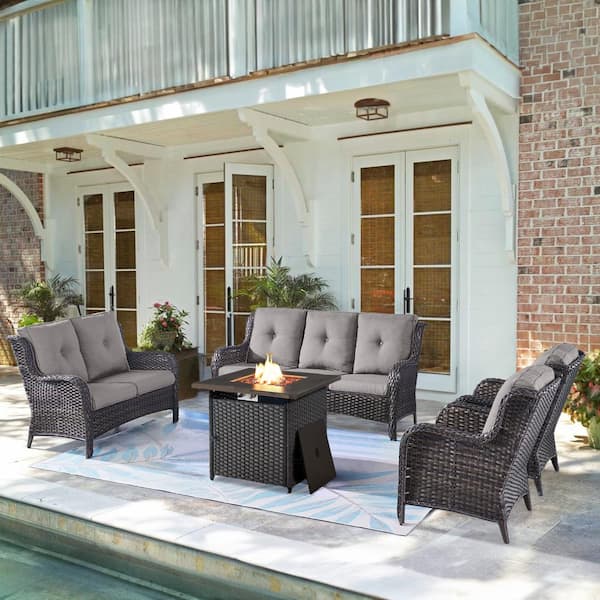 Pocassy 5-Piece Brown Wicker Outdoor Patio Fire Pit Seating Set with CushionGuard Gray Cushions
