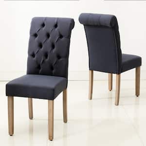 Natalie Roll Top Tufted Blue Linen Fabric Modern Dining Chair (Set of 2)
