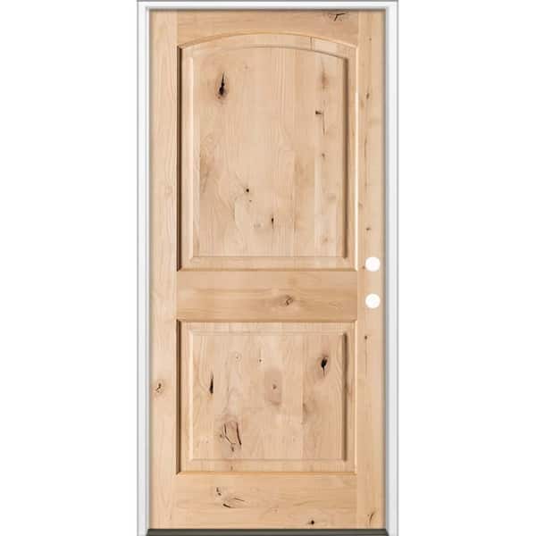 36 in. x 80 in. Rustic Knotty Alder 2-Panel Arch Top Left-Hand/Inswing Unfinished Wood Prehung Front Door