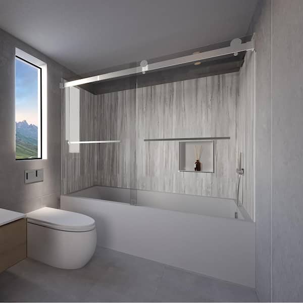 NuVo Driftwood-Tetherow 60 in. L x 30 W in. x 83 in. H Rectangular Tub/ Shower Combo Unit in Chrome Right Drain