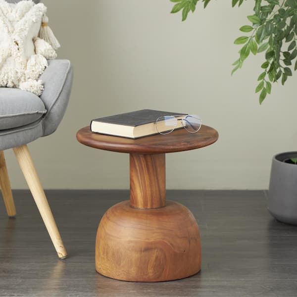 Litton Lane 16 in. Brown Handmade Round Wood End Table with Rounded Block Base