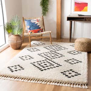 Moroccan Fringe Shag Cream/Charcoal 7 ft. x 7 ft. Tribal Diamond Square Area Rug